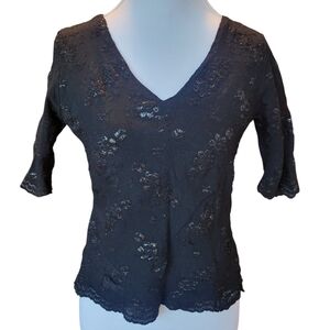 Vintage 90s Necessary Objects Black Stretch Lace Fitted Vneck Blouse